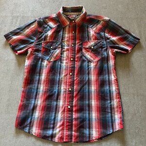 Ditch Plains NY Men Shirt Men S Red Blue Plaid Short Sleeve Button Up Cotton